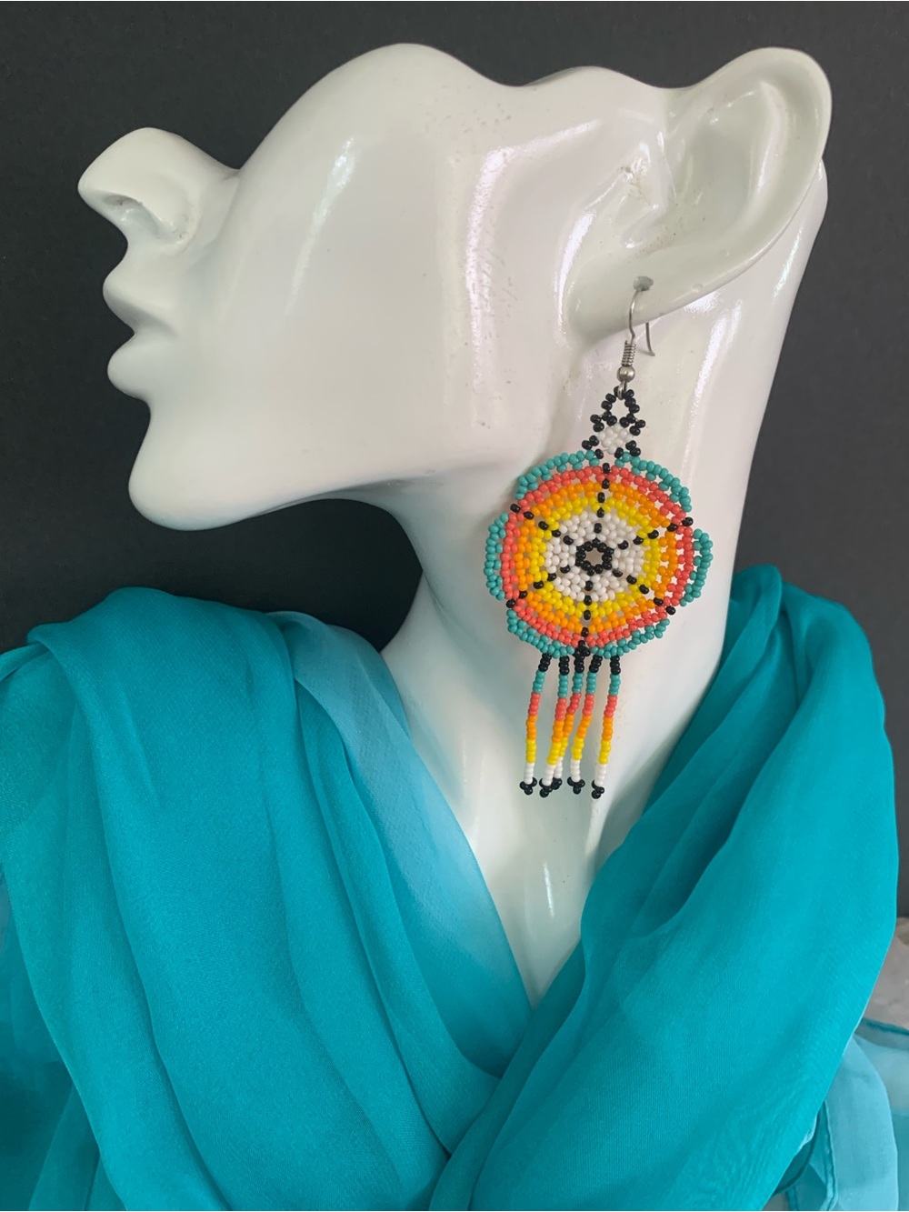 Huichol Beaded Earrings Mexican Folk Art - Picture 2 of 3